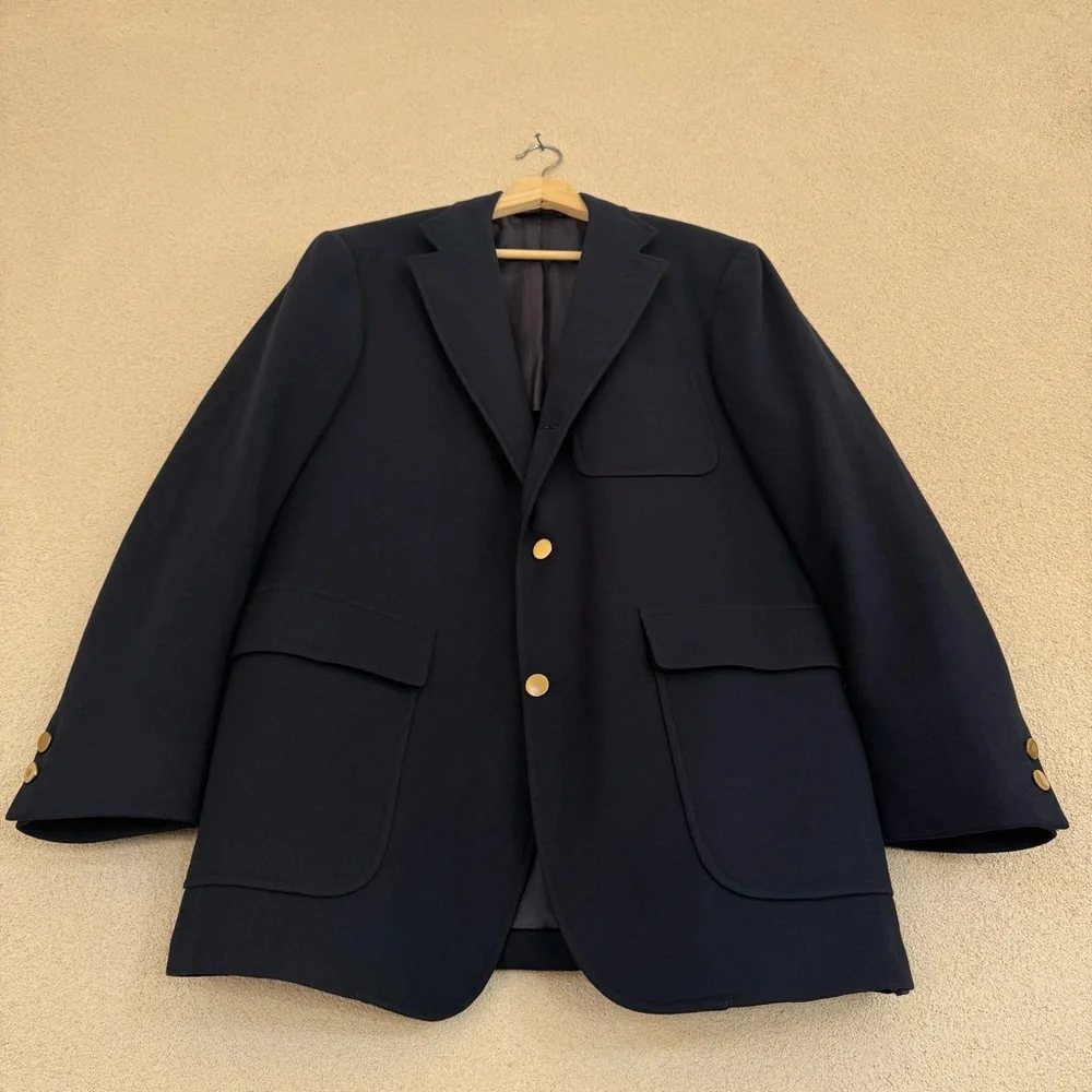 VTG J Press Solid Navy Blue, Wool Flannel Knit, Gold Button Blazer, Made in USA